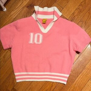 Daisy Pink V-Neck Sweatshirt with White Stripes